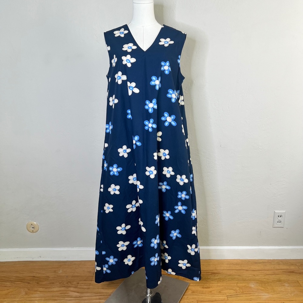 Uniqlo Marimekko FLAWED Sleeveless Maxi Dress Large Navy Blue Floral V-Neck